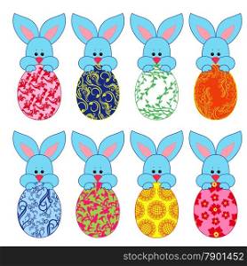 Set of small little Bunnies with ornamental Easter eggs, hand drawing vector illustration