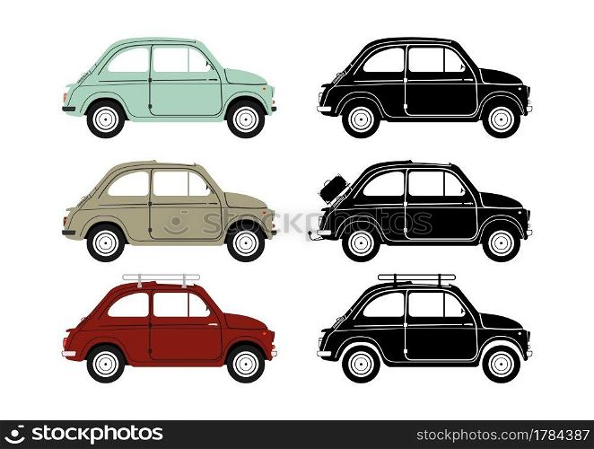 Set of small vintage cars. Side view. Flat vector.