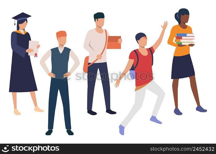 Set of smart students of college. Collection of young men and women attending university. Vector illustration can be used for educational video, presentation, advertisement. Set of smart students of college