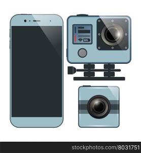 Set of smartphone and two action camera. Videography, photography equipment. Vector illustration