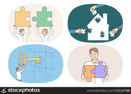 Set of smiling businesspeople connect jigsaw puzzles find solution to business problem or dilemma. Collection of happy people find answer or key to trouble or issue. Flat vector illustration.. Set of happy businesspeople connect jigsaw puzzles