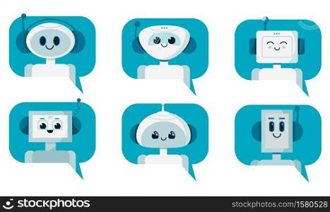 Set of smiling cute robot chat bots in speech bubble. Support service concept. Vector cartoon flat illustration isolated on white background.. Set of smiling cute robot chat bots in speech bubble. Support service concept. Vector cartoon flat illustration