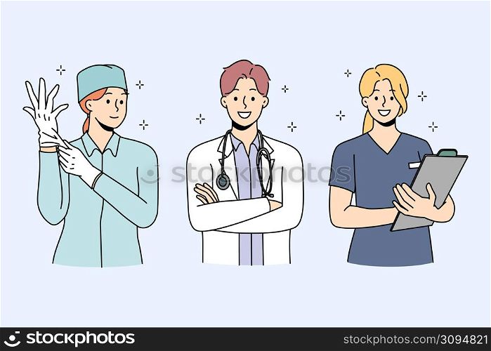 Set of smiling diverse doctors in uniform ready to give good quality medical service to patients. Collection portrait of happy nurse and surgeon in clinic or hospital. Medicine. Vector illustration. . Smiling diverse doctor in uniform in hospital