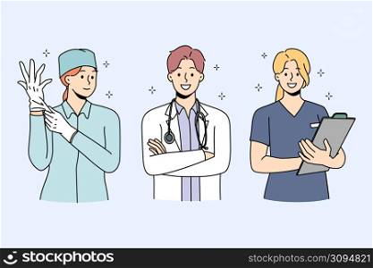 Set of smiling diverse doctors in uniform ready to give good quality medical service to patients. Collection portrait of happy nurse and surgeon in clinic or hospital. Medicine. Vector illustration. . Smiling diverse doctor in uniform in hospital