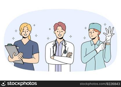 Set of smiling diverse doctors in uniform ready to give good quality medical service to patients. Collection portrait of happy nurse and surgeon in clinic or hospital. Medicine. Vector illustration.. Smiling diverse doctor in uniform in hospital