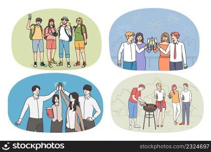 Set of smiling diverse friends have fun enjoy leisure times together. Collection of happy young people relax, enjoy vacation outdoors and celebrate. Friendship and unity. Vector illustration.. Set of smiling diverse friends enjoy time together