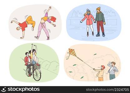 Set of smiling diverse young people relax rest together skating and riding bikes. Collection of happy friends have fun enjoy leisure weekend. Friendship and relaxation. Vector illustration.. Set of happy friends have fun relaxing outdoors