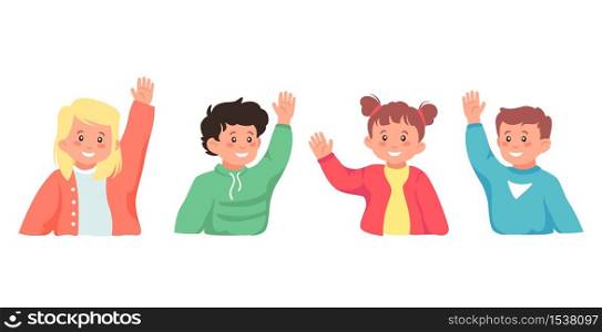 Set of smiling school pupil ask question hand up isolated on white background. Collection of cute children answer raising hands at lesson vector graphic illustration. Positive kid study at school. Set of smiling school pupil ask question hand up isolated on white background