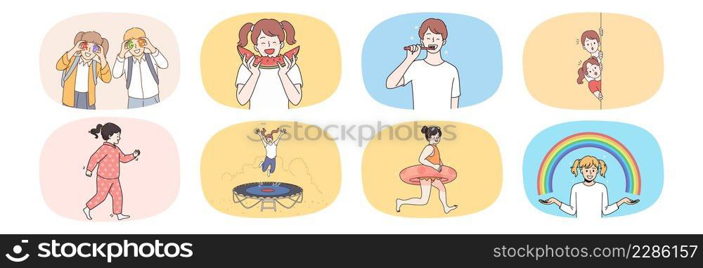 Set of smiling small kids brush teeth do daily activity at home and outdoors. Bundle of happy little children have fun playing and relaxing. Childhood and upbringing. Flat vector illustration. . Set of happy children play and relax during day 