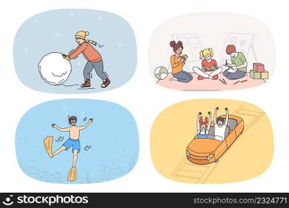 Set of smiling small kids have fun relax on leisure weekend. Collection of happy overjoyed children play with friends enjoy games and activities. Childhood and upbringing. Vector illustration.. Set of smiling kids have fun playing