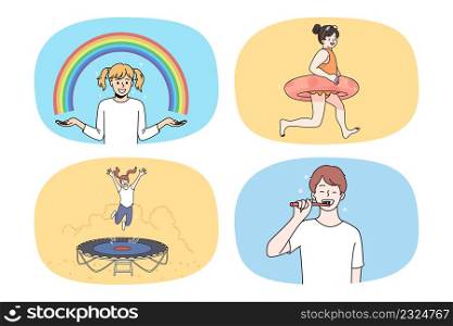 Set of smiling teen kids enjoy leisure time relaxing outdoors. Collection of happy little children have fun on daily life, have joyful childhood. Upbringing and entertainment. Vector illustration.. Set of happy children enjoy leisure time