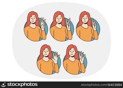 Set of smiling woman showing numbers with hand gesture. Happy girl demonstrate numeric combinations with fingers. Body language, nonverbal communication. Vector illustration.. Smiling woman show numbers with hand gesture