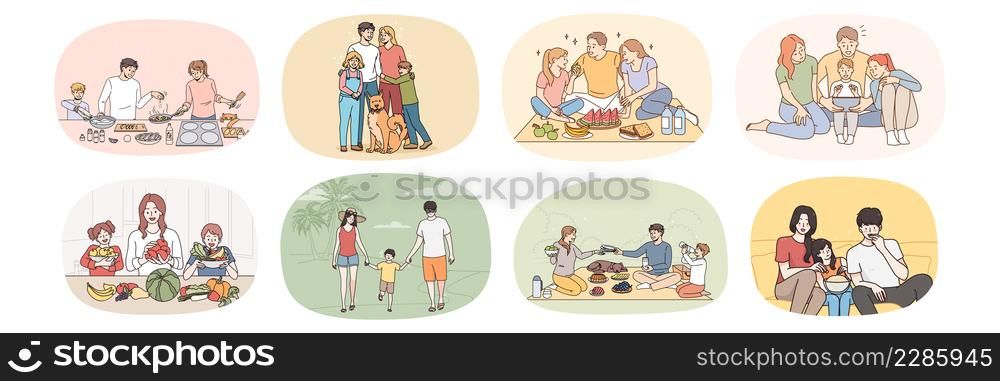 Set of smiling young parents with small children relax together eat tasty food use gadgets. Bundle of happy family with kids have fun rest at home and outdoors. Unity and bonding. Vector illustration.. Set of happy family with children play and relax together