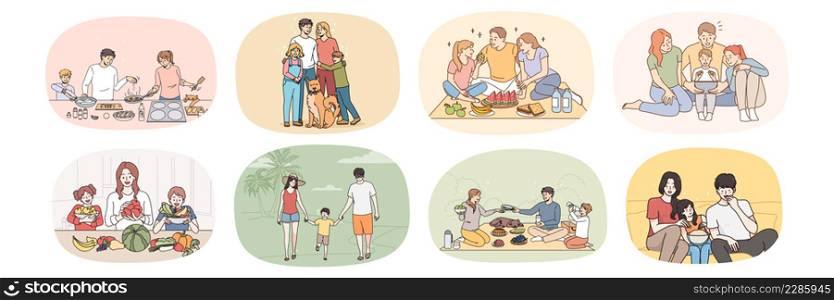 Set of smiling young parents with small children relax together eat tasty food use gadgets. Bundle of happy family with kids have fun rest at home and outdoors. Unity and bonding. Vector illustration.. Set of happy family with children play and relax together