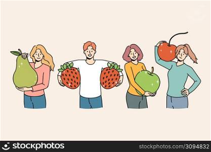 Set of smiling young people holding huge fruit follow healthy lifestyle. Happy men and women with apple, pear and strawberry recommend vegetarian diet and vitamin eating. Vector illustration. . Happy people holding fruit recommend healthy diet