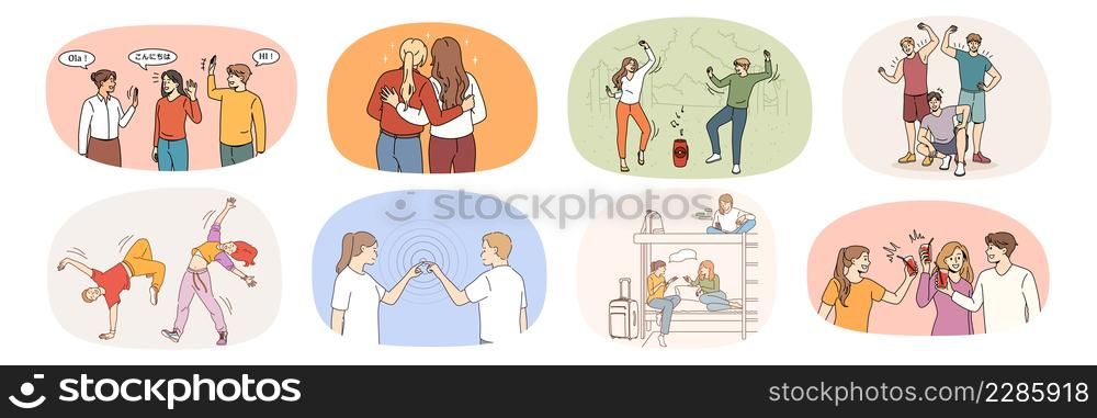 Set of smiling young people relax together on leisure weekend in campus. Collection of happy overjoyed millennial friends have fun enjoy summer vacation. Friendship. Vector illustration. . Set of smiling millennial friends relax have fun on weekend