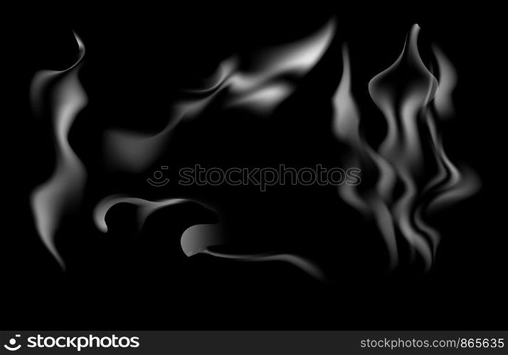 Set of smoke, steam on a dark background. white smooth smoke effect background isolated, decoration design element abstract cloud texture, curve wave of fog in motion vector illustration, light steam from fire in shape. Set of smoke, steam on a dark background