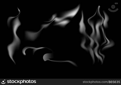 Set of smoke, steam on a dark background. white smooth smoke effect background isolated, decoration design element abstract cloud texture, curve wave of fog in motion vector illustration, light steam from fire in shape. Set of smoke, steam on a dark background