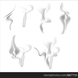 Set of smoke, steam on a light background. white smooth smoke effect background isolated, decoration design element abstract cloud texture, curve wave of fog in motion vector illustration, light steam from fire in shape. Set of smoke, steam on a light background