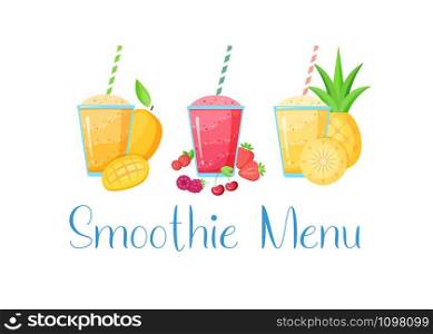 Set of smoothie banner vitamin drink vector illustration. Tasty natural fruit, glass with colorful layers of smoothies cocktail isolated on white background, Smoothie Menu sign for detox web banner. Set of smoothie vitamin drink flat illustration