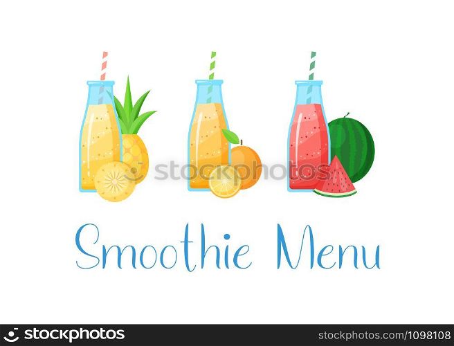 Set of smoothie banner vitamin drink vector illustration. Fresh vegetarian smoothies drink isolated on white background with colorful layers in glass bottle, raw fruit and sign Smoothie Menu. Set of smoothie banner vitamin drink illustration