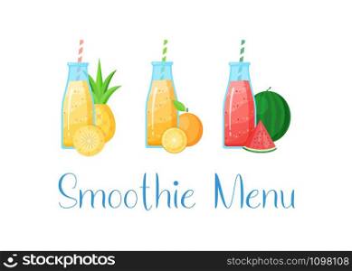 Set of smoothie banner vitamin drink vector illustration. Fresh vegetarian smoothies drink isolated on white background with colorful layers in glass bottle, raw fruit and sign Smoothie Menu. Set of smoothie banner vitamin drink illustration