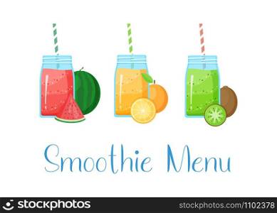 Set of smoothie banner vitamin drink vector illustration. Fresh vegetarian smoothies drink with colorful layers in glass, fruits isolated on white background and sign Smoothie Menu for fitness concept. Set of smoothie banner vitamin drink illustration