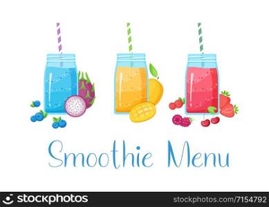 Set of smoothie fruit cocktail flat vector illustration. Tasty natural fruit, jar with colorful layers of smoothies cocktail isolated on white background and Smoothie Menu sign for summer bar design. Smoothie fruit cocktail flat illustration set