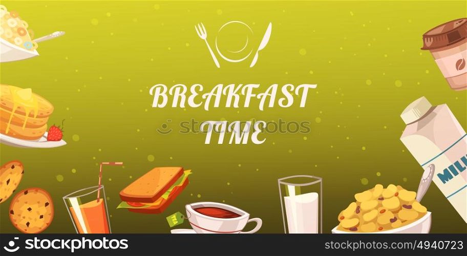 Set Of Snacks For Breakfast On Mustard Background. Set of snacks for breakfast on mustard background with drinks toasts flake cakes baked goods flat vector illustration