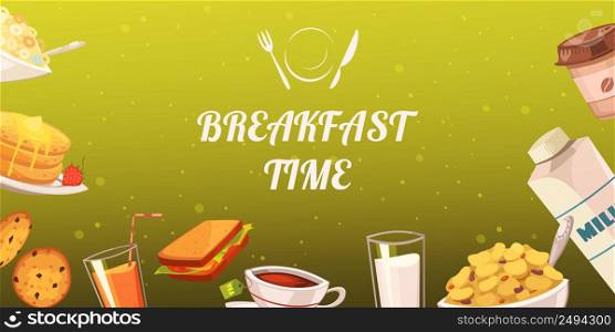 Set of snacks for breakfast on mustard background with drinks toasts flake cakes baked goods flat vector illustration. Set Of Snacks For Breakfast On Mustard Background