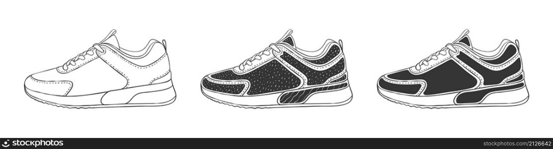 Set of sneakers. Men&rsquo;s or women&rsquo;s sneakers. Modern sneakers. Hand-drawn sneakers. Vector image