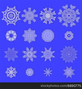 Set of Snow Flakes Isolated on Blue Background. Set of Snow Flakes