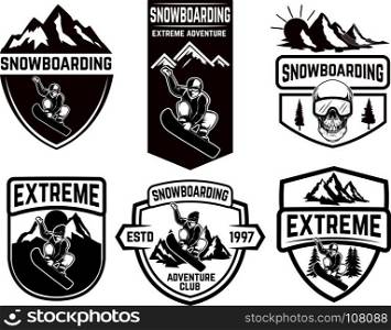 Set of snowboarding club emblems. Design element for logo, label, emblem, sign. Vector illustration