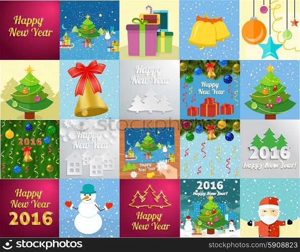 Set of snowflake and New Year 2016 greeting card with decorated christmas tree, snowmans and gifts against the background of glowing cards