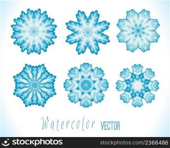 Set of snowflakes, fractals or mandalas great for christmas or ethnic use. Hand drawn watercolor illustration. Colorful vector snowflake isolated on white background. Set of snowflakes, fractals