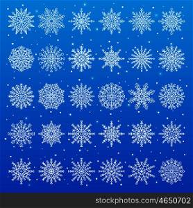 Set of snowflakes of different shapes, creative symmetric objects that appear in winter time, vector illustration isolated on blue. Set of Different Snowflakes on Vector Illustration