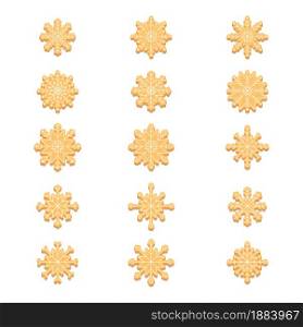 Set of snowflakes of gingerbread cookies. Decorative Christmas biscuits. Vector illustration of design elements for greeting cards, posters, wallpaper, surface, web design, textile, decor, print.