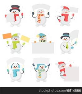 Set of Snowman Cartoons with Blank Message Board. Set of snowman cartoons with blank message board. Funny snowman character in santa hat, scarf, cylinder, warm earmuffs holding cardboard placard flat vector illustration isolated on white background. Set of Snowman Cartoons with Blank Message Board