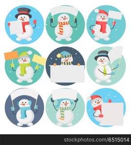 Set of Snowman Cartoons with Blank Message Board. Set of snowman cartoons with blank message board. Funny snowman character in santa hat, scarf, cylinder, warm earmuffs holding cardboard placard flat vector illustration isolated on white background