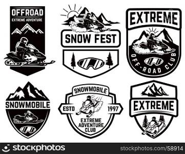 Set of snowmobile emblems isolated on white background. Design element for label, brand mark, sign, poster. Vector illustration