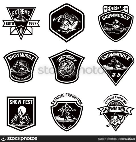 Set of snowmobile sport emblems. Snow bike. Design elements for logo, label, emblem, sign. Vector illustration