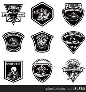 Set of snowmobile sport emblems. Snow bike. Design elements for logo, label, emblem, sign. Vector illustration