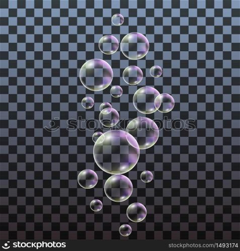 Set of soap bubbles isolated on transparent background. Realistic rainbow bubbles. Vector illustration