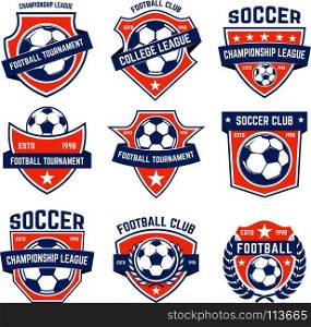 Set of soccer, football emblems. Design element for logo, label, emblem, sign. Vector illustration