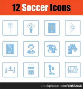 Set of soccer icons. Blue frame design. Vector illustration.