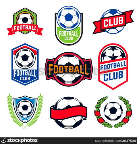 Set of Soccer logos, badges and design elements. Collection symbol of football: soccer ball, heraldry, insignia. Vector illustration.