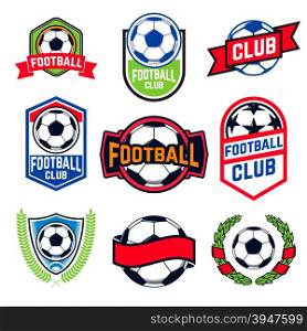 Set of Soccer logos, badges and design elements. Collection symbol of football: soccer ball, heraldry, insignia. Vector illustration.