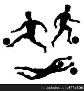Set of soccer players with balls. Silhouettes of men on white background. Set of soccer players with balls. Silhouettes of men on white background.