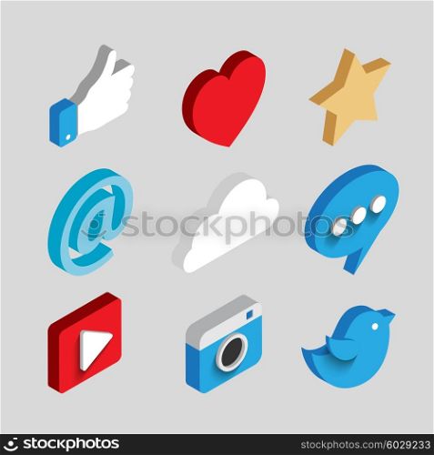 Set of Social media flat 3d isometric concept vector icons. Cloud, chat, video, camera, heart, star, like and email symbol. Flat web illustration infographics collection.