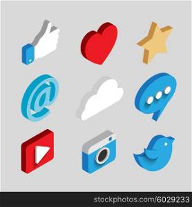 Set of Social media flat 3d isometric concept vector icons. Cloud, chat, video, camera, heart, star, like and email symbol. Flat web illustration infographics collection.